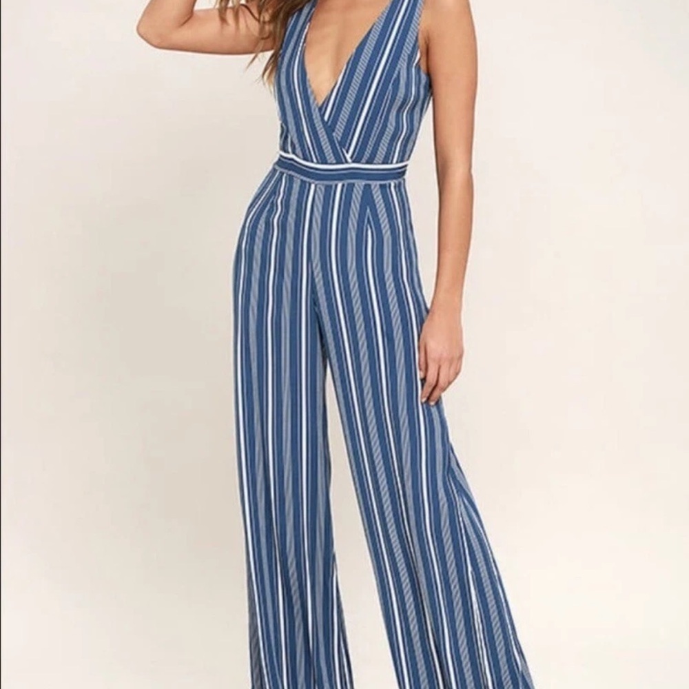 Lulu's Blue Striped V-Neck Wide-Leg Jumpsuit